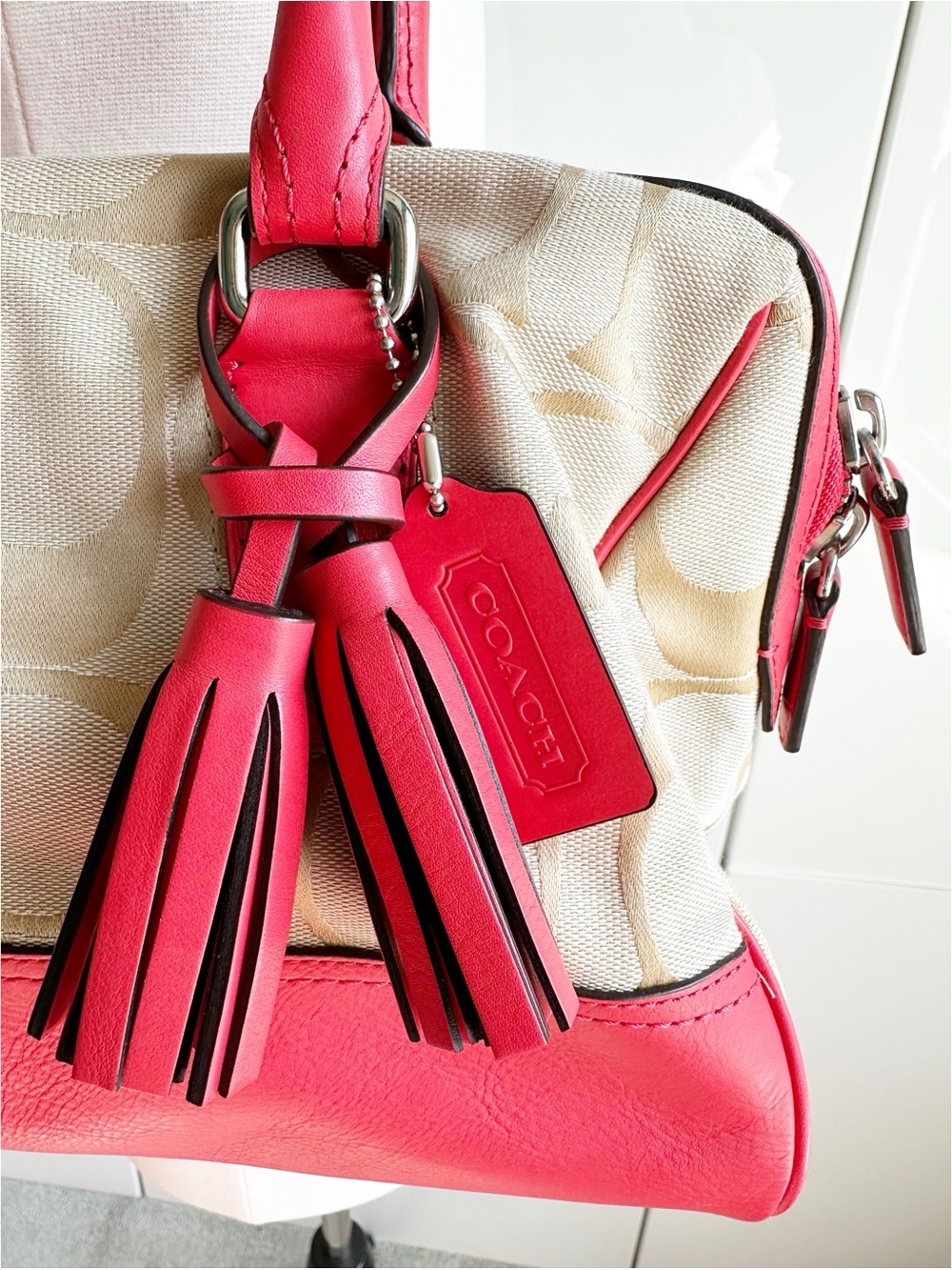 Coach Legacy Haley Satchel Signature Print With Coral Leather Accent Bag Tassel - Picture 2 of 9